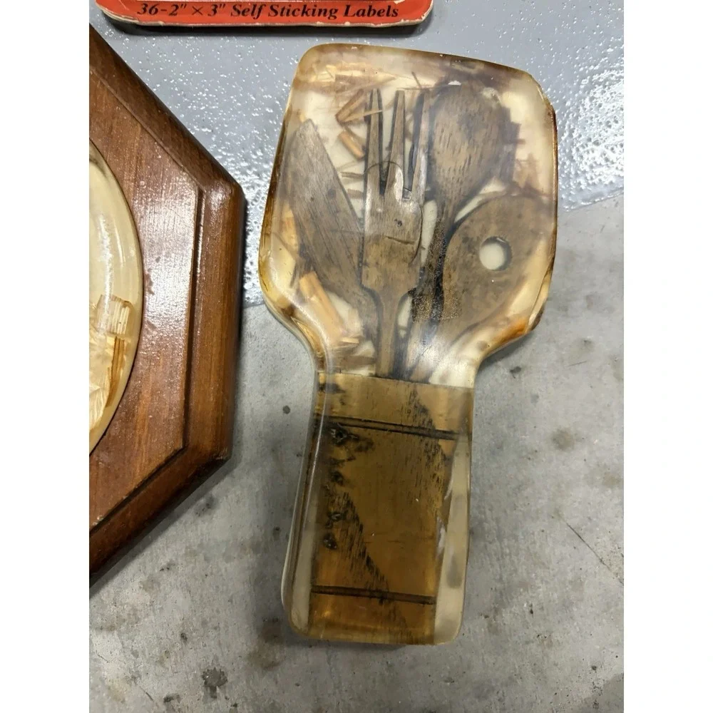 Lucite Spoon Rest & Trivet with Wood Utensils in Wood Holder 1970s Retro Vintage